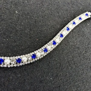Frontal strass - argent, bleu roi et perles