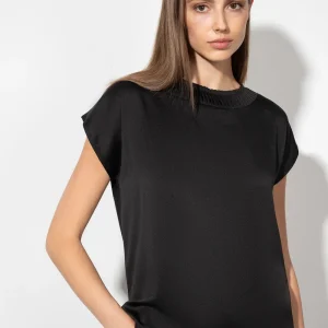 Blouse Col Rond  Froncé Manches Courtes Bimatière Unie