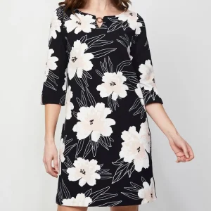 Robe Longueur Genoux Col Rond Manches Trois-Quarts Imprimée