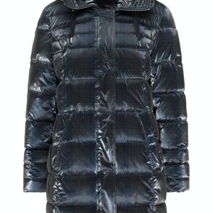 Parka Matelassée mi longue à capuche imprimé motif métallisé prince de galles zippée pressions manches longues