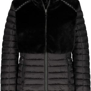 Veste courte bimatière fausse fourrure zippée cloutée deux poches manches longues