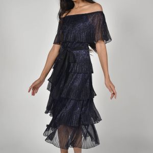 Robe Midi Gitane Manches Courtes Volants Ceinturée
