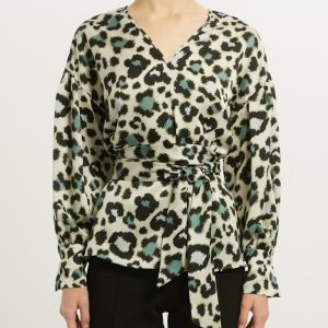 Blouse Col V Manches Longues Ceinturée  Ou Lavallière Imprimée