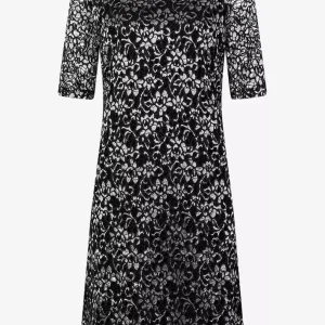 Robe Longueur Genoux Col Rond Manches Courtes Guipure Fils Dorés