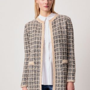 Gilet Long Bord à Bord Manches Longues Façon Tweed Fausses Poches