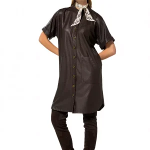 Robe Chemise Longueur Genoux Manches Courtes Boutonnée Deux Poches Faux Cuir Unie