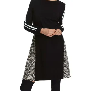 Robe Longueur Genoux Col Rond Manches Longues Imprimé Léopard Placé