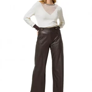 Pantalon Sept-huitième Taille Haute Deux Poches Face Droit Faux Cuir Uni