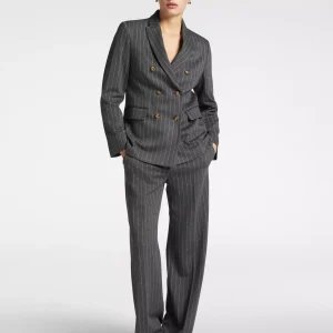 Pantalon Long Taille Moyenne Droit Fluide Rayures Deux Poches