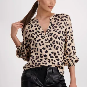 Blouse Col V Manches Longues élastique Imprimée Léopard