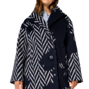 Manteau Mi-long Col Montant Manches Longues Boutonné Oversized Imprimé Chevrons