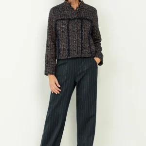Veste Manches Longues Fermeture Pressions Tweed Franges