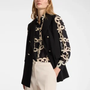 Blazer Mi-long Crêpe Sans Manches Pression Deux Poches Boutons Dorés Uni