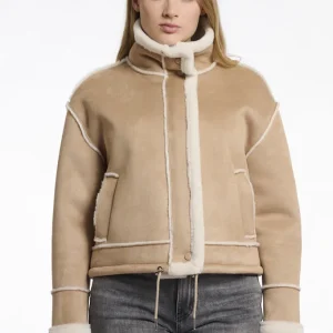 Blouson Fourré Court Aviateur Col Montant Manches Longues Zippé Deux Poches Uni