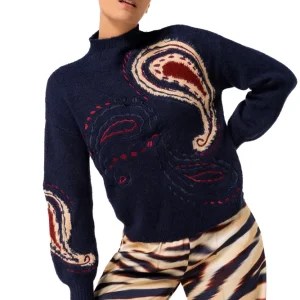 Pull Col Cheminée Manches Longues Motif Placé Dessin Cachemire