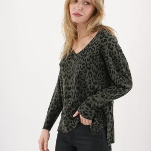 Pull Col V Manches Longues Imprimé Léopard Dos Plus Long Cachemire