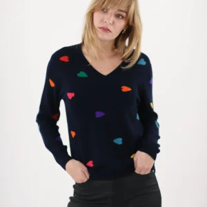 Pull Col V Manches Longues Motif Cœurs Cachemire