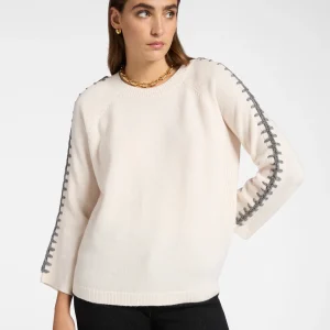 Pull Col Rond Manches Trois-Quarts Raglantes Brodés Bicolores