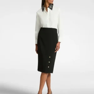 Jupe Longueur Midi Taille Moyenne Elastique Boutons Dorés Fente Unie