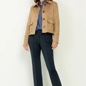 Pantalon Sept-huitième Taille Moyenne Elastique Deux Poches Zippées Droit Rayé