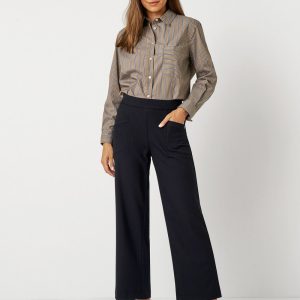 Pantalon Sept-huitième Taille Moyenne Élastique Deux Poches Uni Wideleg Gabardine