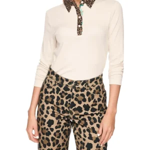 Polo Col Imprimé Léopard Manches Longues Uni