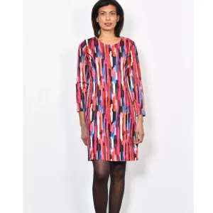 Robe longueur genoux col rond manches longues imprimée réversible