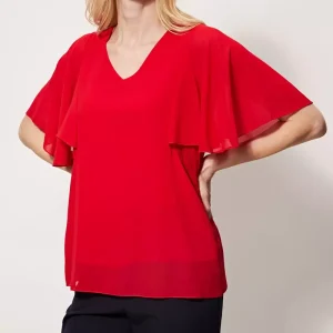 Blouse col v manches courtes volants unie