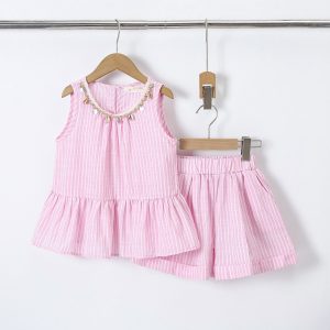 Ensemble short raye COQUILLAGE BEIGE – 8 ou 10 ans