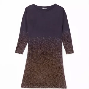 Robe longueur genoux col rond manches trois-quarts motif placé