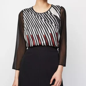 Blouse col rond manches longues bimatière imprimé