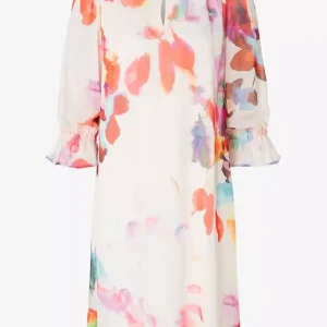 Robe Longueur Genoux Col V Manches Longues élastique Imprimée Fluide